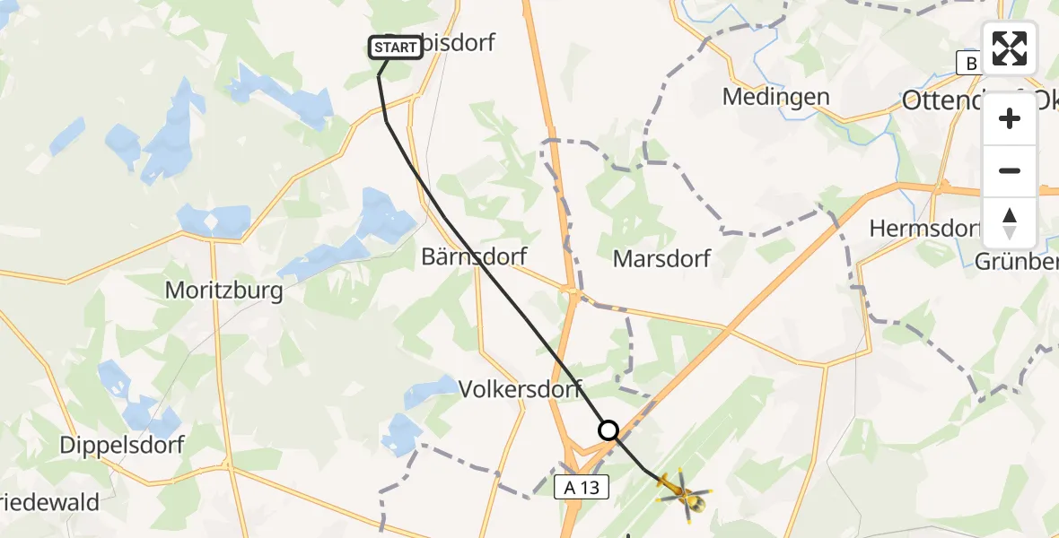 Flugroute Rettungshubschrauber Radeburg - Dresden Bundespolizei Hubschrauberlandeplatz, 12 Juni 2026, 16:27