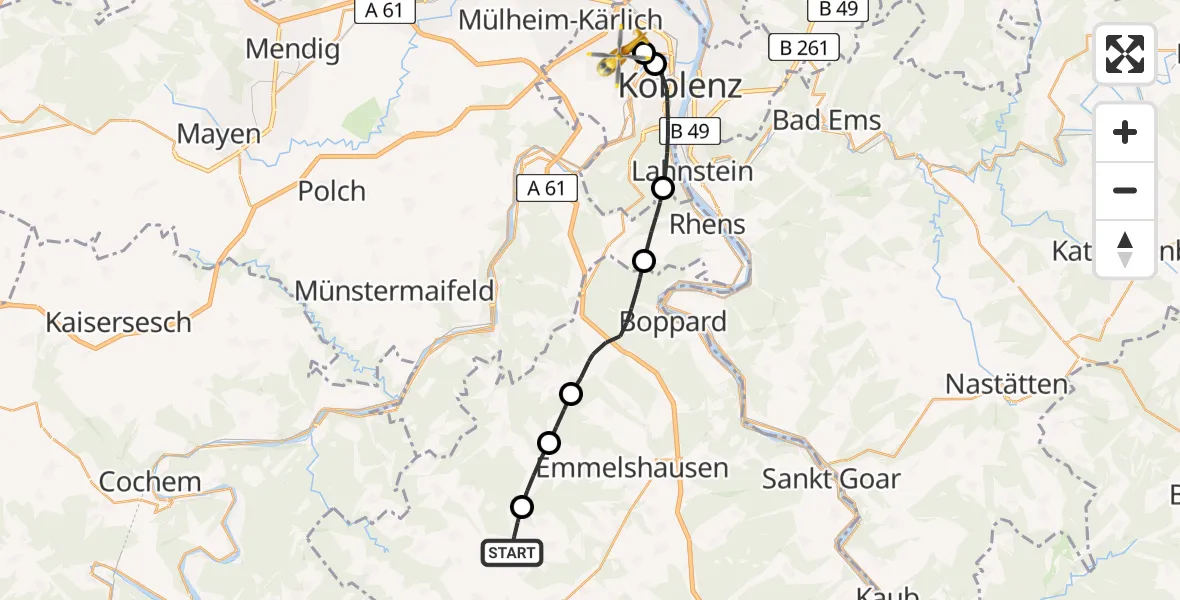 Flugroute Rettungshubschrauber Beltheim - Koblenz, 12 Juni 2026, 16:27