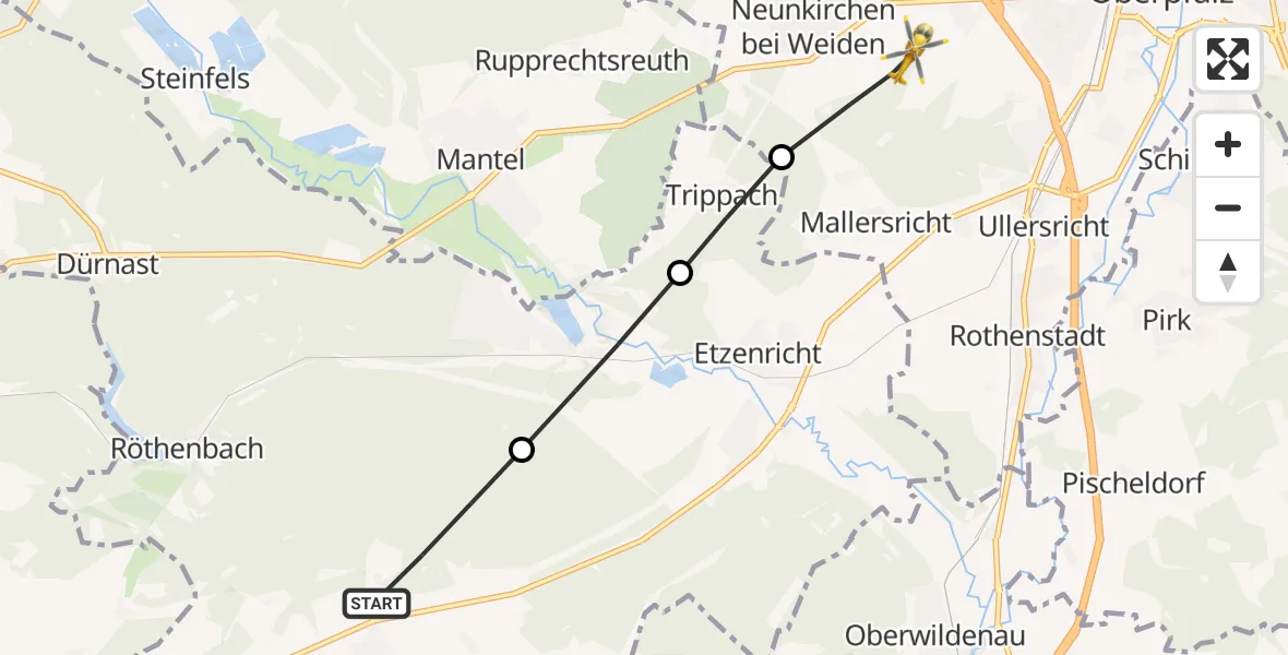 Flugroute Rettungshubschrauber Kohlberg - Weiden i.d.OPf., 12 Juni 2026, 16:34