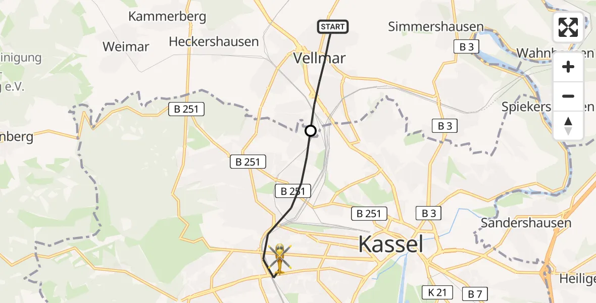 Flugroute Rettungshubschrauber Vellmar - Kassel, 12 Juni 2026, 16:35
