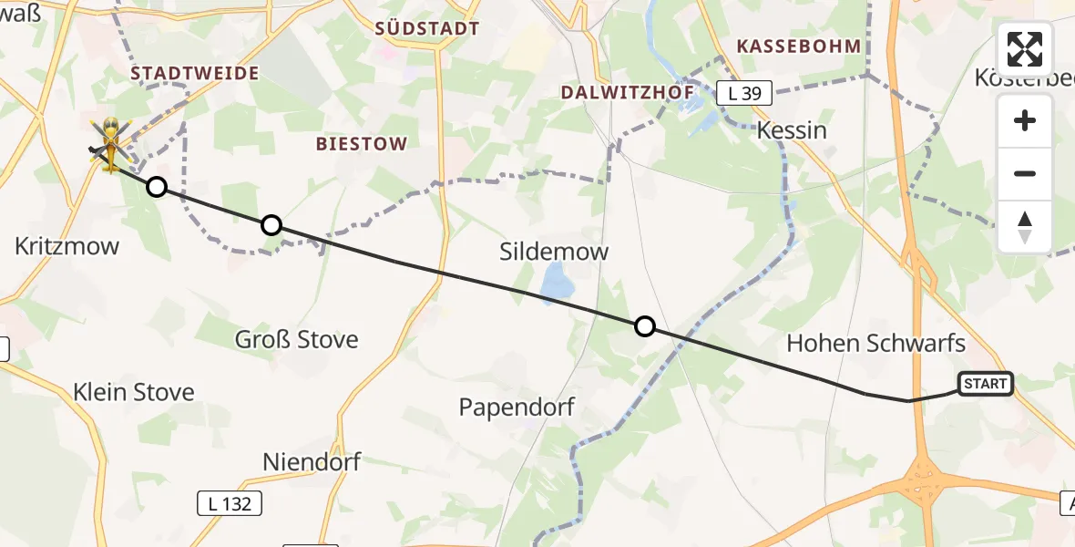 Flugroute Ambulanzhubschrauber Dummerstorf - Kritzmow, 12 Juni 2026, 16:35