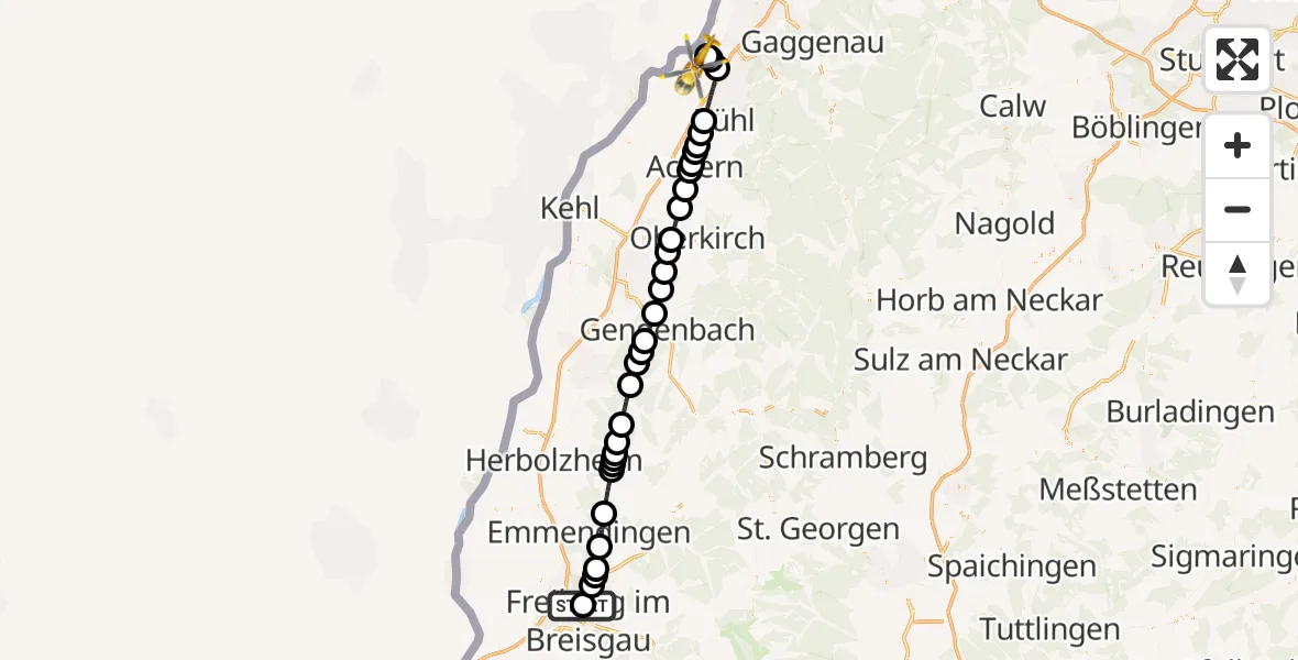 Flugroute Rettungshubschrauber Freiburg im Breisgau Flugplatz - Karlsruhe Baden-Baden Flughafen, 12 Juni 2026, 16:38