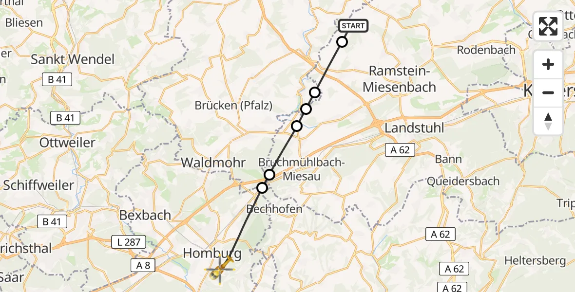 Flugroute Rettungshubschrauber Reichenbach-Steegen - Homburg, 12 Juni 2026, 16:47