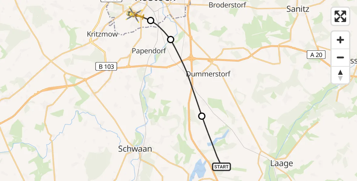 Flugroute Rettungshubschrauber Dolgen am See - Rostock, 12 Juni 2026, 16:54
