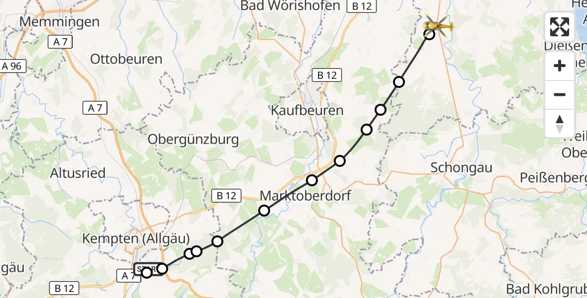 Flugroute Rettungshubschrauber Kempten-Durach Flugplatz - Unterdießen, 12 Juni 2026, 16:55