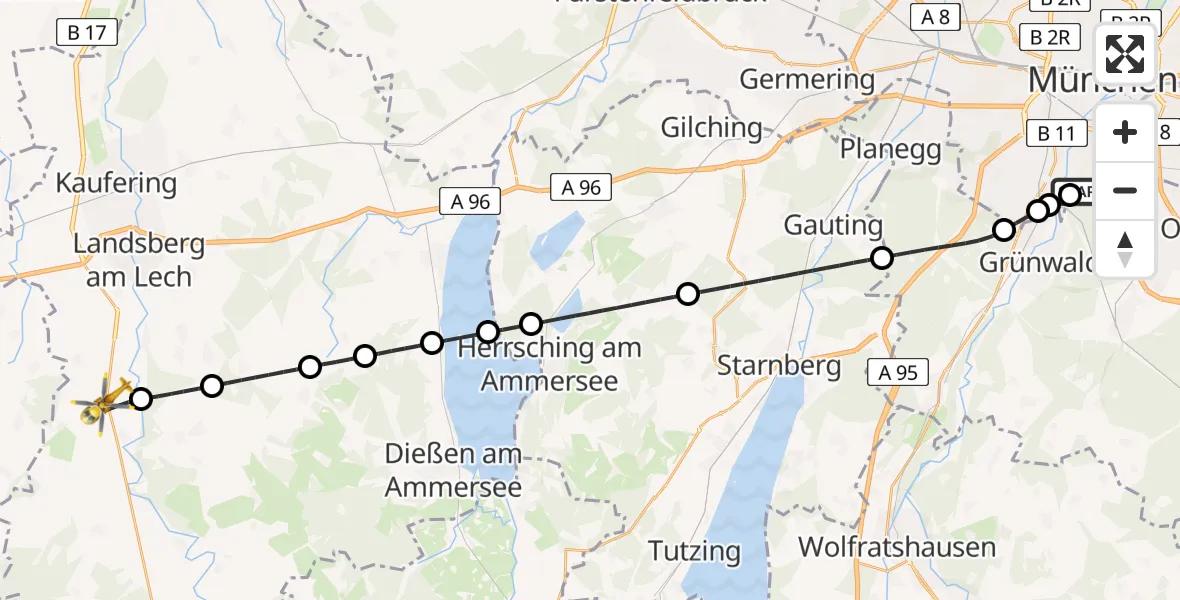 Flugroute Rettungshubschrauber ADAC Air Rescue Center Hubschrauberlandeplatz (Christoph 1) - Unterdießen, 12 Juni 2026, 16:56