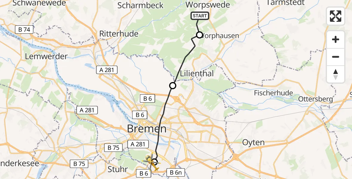 Flugroute Rettungshubschrauber Worpswede - ADAC Air Rescue Station Bremen Hubschrauberlandeplatz (Christoph 6), 12 Juni 2026, 17:05