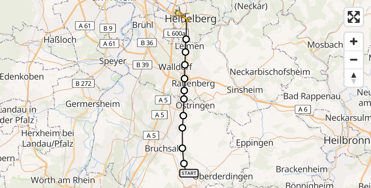 Flugroute Rettungshubschrauber Bretten - Heidelberg, 12 Juni 2026, 17:06