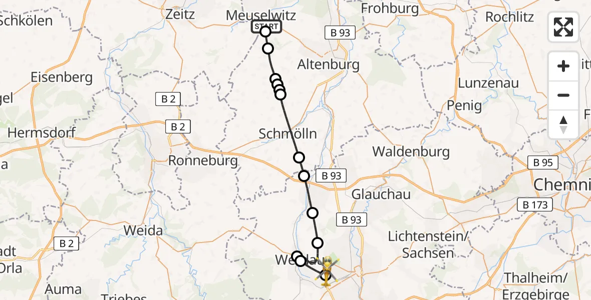 Flugroute Rettungshubschrauber Meuselwitz - ADAC Air Rescue Station Zwickau Hubschrauberlandeplatz, 12 Juni 2026, 17:06