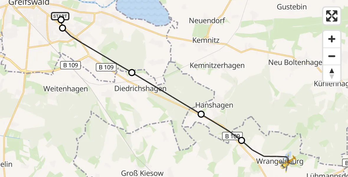 Flugroute Rettungshubschrauber Greifswald Hospital - Wrangelsburg, 12 Juni 2026, 17:06