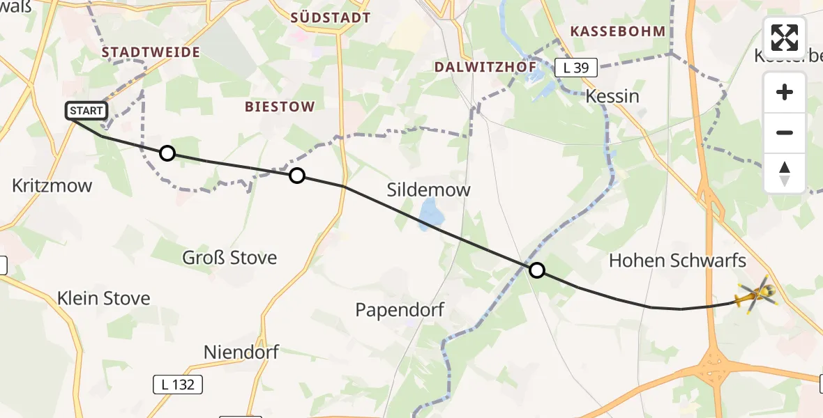 Flugroute Ambulanzhubschrauber Kritzmow - Dummerstorf, 12 Juni 2026, 17:07