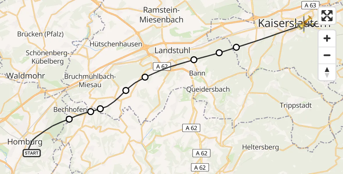 Flugroute Rettungshubschrauber Homburg - Kaiserslautern, 12 Juni 2026, 17:11