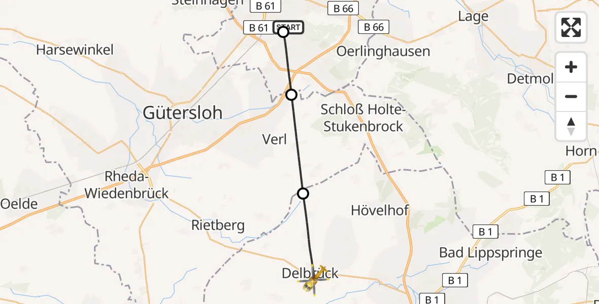 Flugroute Rettungshubschrauber Luftrettungszentrum Bielefeld - Delbrück, 12 Juni 2026, 17:14