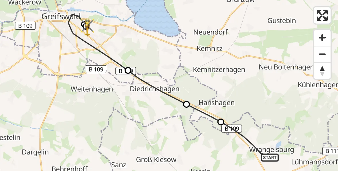 Flugroute Rettungshubschrauber Wrangelsburg - Greifswald Hospital, 12 Juni 2026, 17:34