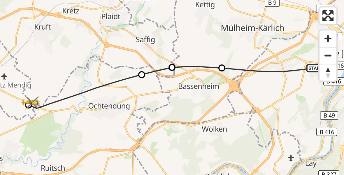 Flugroute Rettungshubschrauber Koblenz - Thür, 12 Juni 2026, 17:41