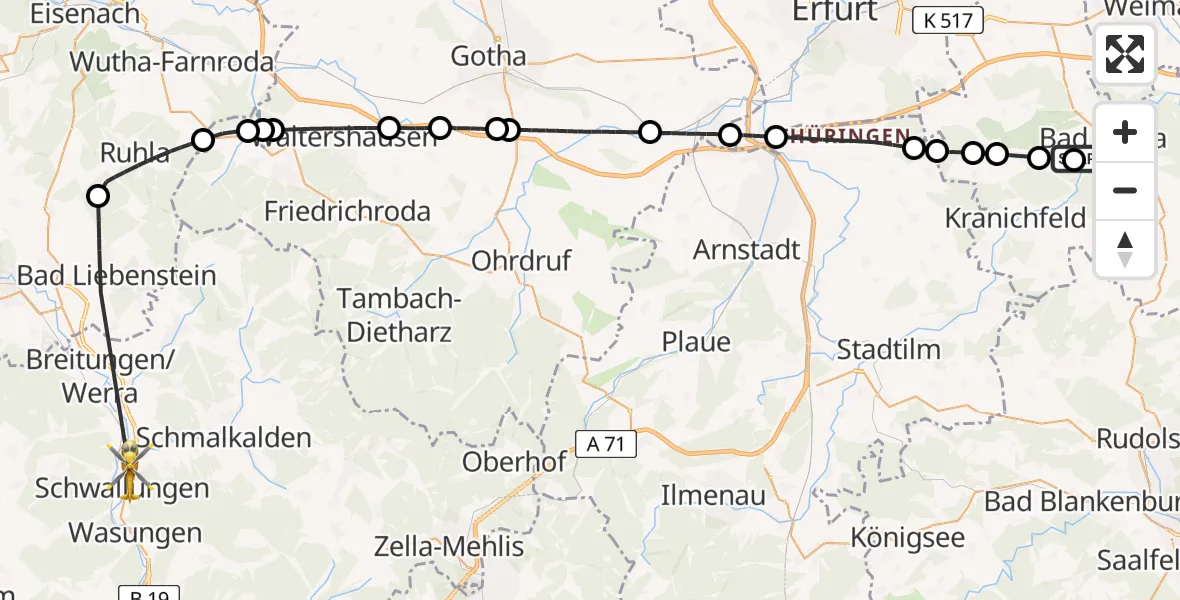 Flugroute Ambulanzhubschrauber Bad Berka Central Hospital - Schwallungen, 12 Juni 2026, 17:42