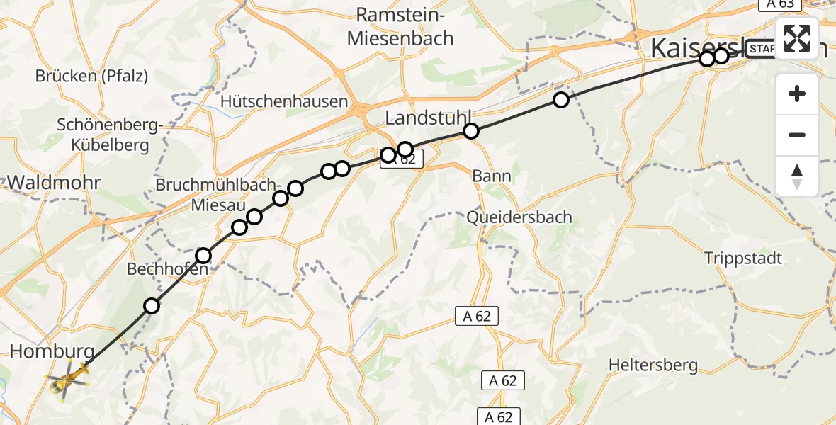 Flugroute Rettungshubschrauber Kaiserslautern - Homburg, 12 Juni 2026, 17:44