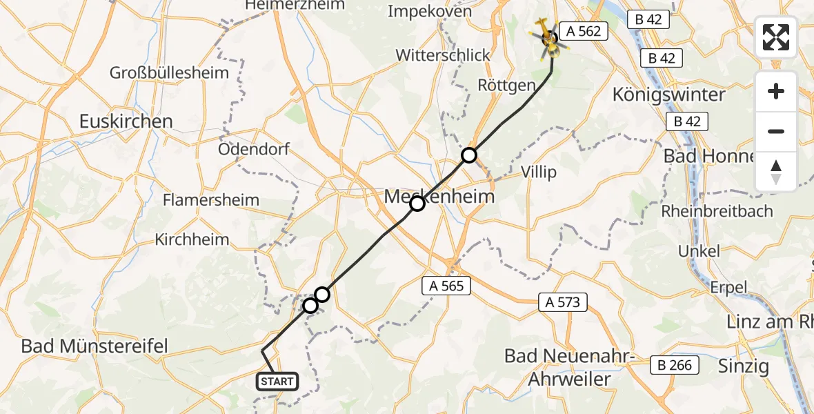 Flugroute Ambulanzhubschrauber Bad Münstereifel - Bonn University Hospital, 12 Juni 2026, 17:46