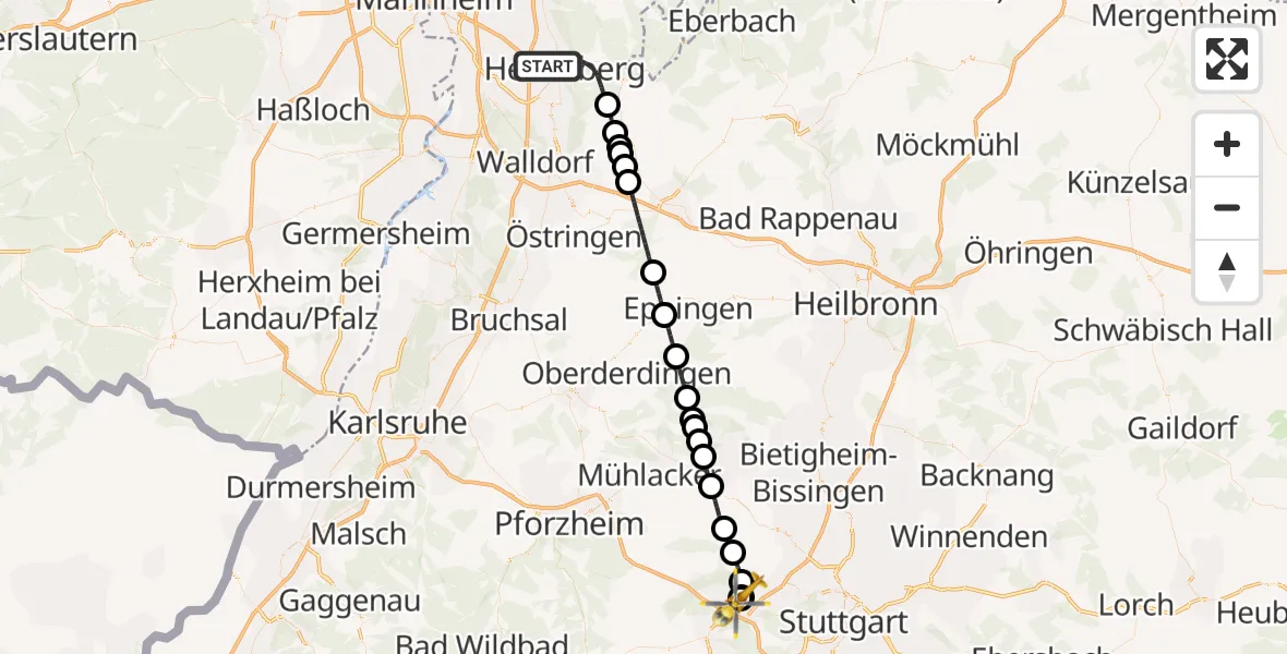 Flugroute Rettungshubschrauber Heidelberg - Leonberg Hospital, 12 Juni 2026, 17:52