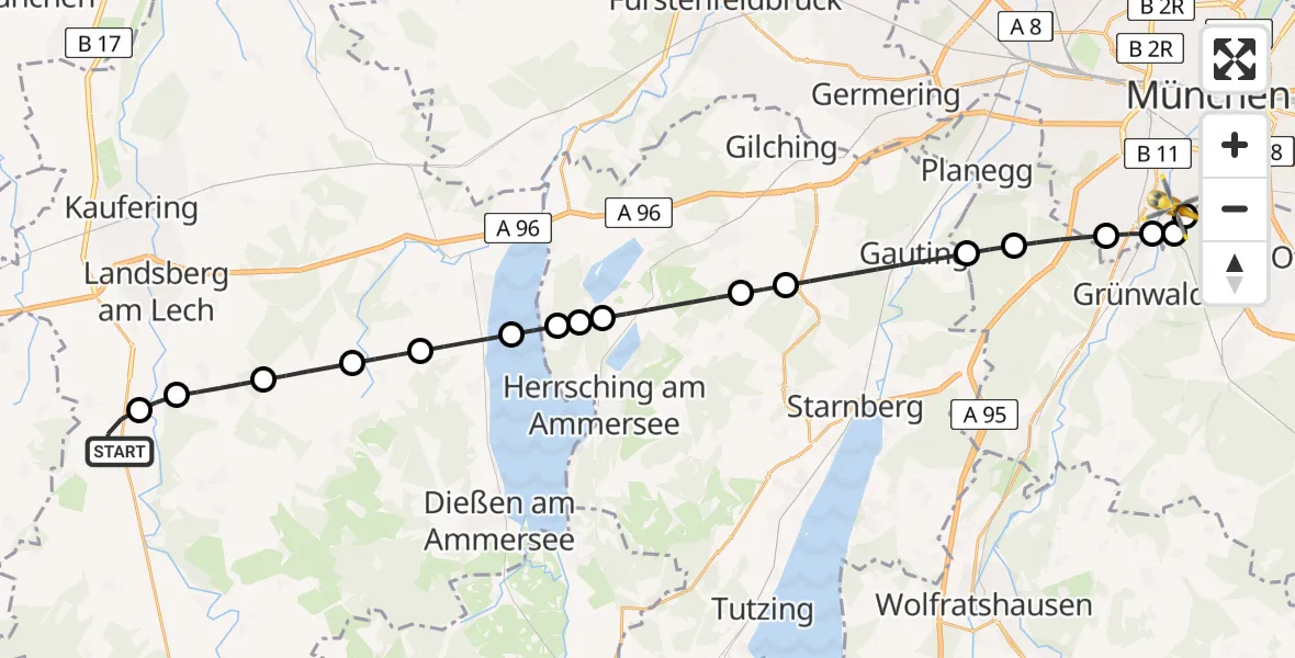 Flugroute Rettungshubschrauber Unterdießen - ADAC Air Rescue Center Hubschrauberlandeplatz (Christoph 1), 12 Juni 2026, 17:54