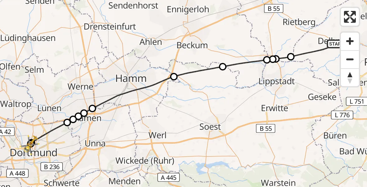 Flugroute Rettungshubschrauber Delbrück - Dortmund Hospital North, 12 Juni 2026, 17:54