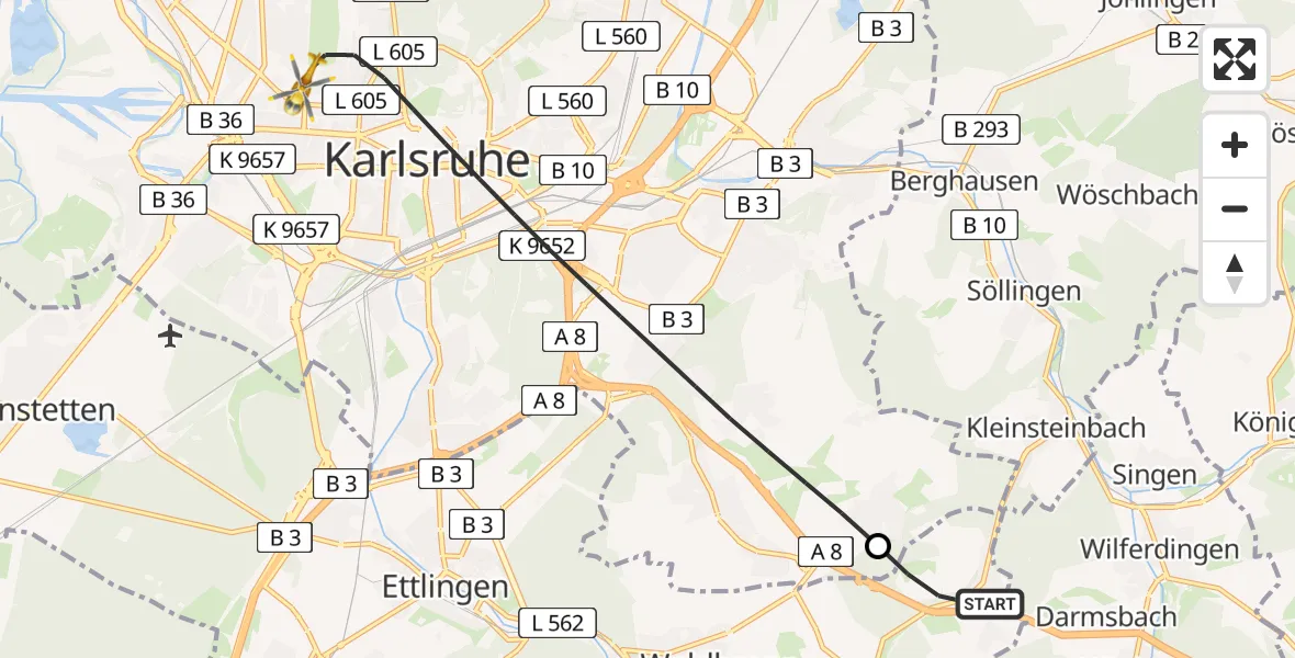 Flugroute Ambulanzhubschrauber Karlsbad - Karlsruhe, 12 Juni 2026, 18:02