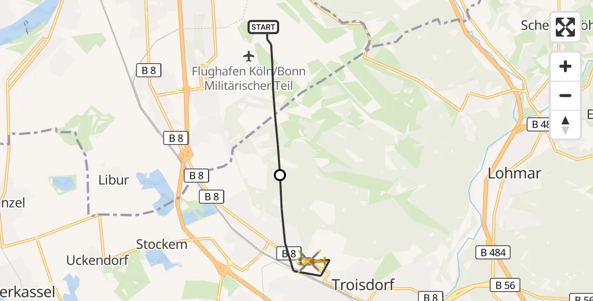 Flugroute Rettungshubschrauber Köln Bonn Flughafen - Troisdorf, 12 Juni 2026, 18:03