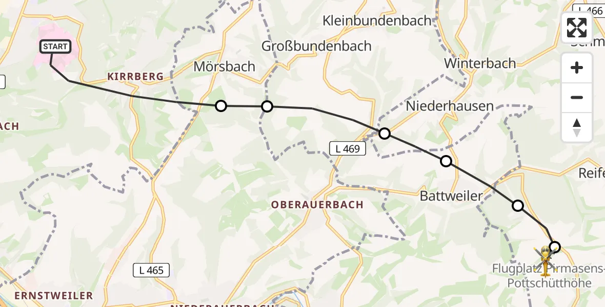 Flugroute Rettungshubschrauber Homburg - Pirmasens-Pottschütthöhe Flugplatz, 12 Juni 2026, 18:05