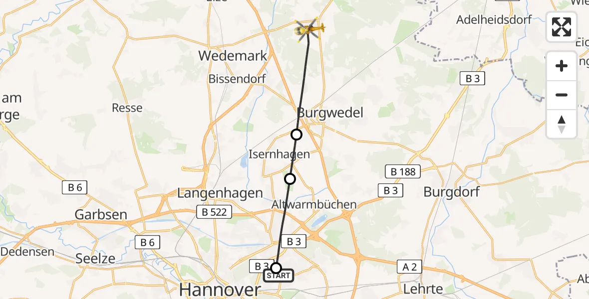 Flugroute Rettungshubschrauber Hannover Luftrettung Hubschrauberlandeplatz (Christoph 4) - Burgwedel, 12 Juni 2026, 18:10