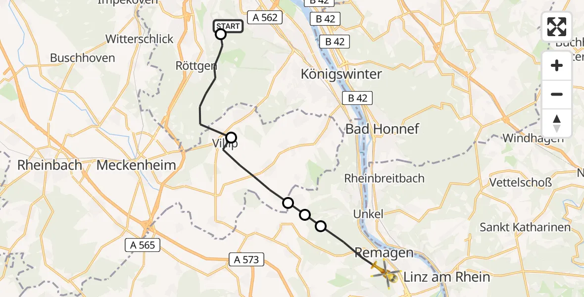 Flugroute Ambulanzhubschrauber Bonn University Hospital - Remagen, 12 Juni 2026, 18:15