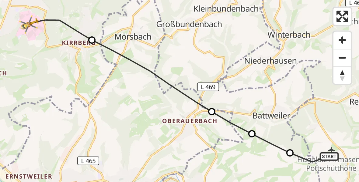 Flugroute Rettungshubschrauber Pirmasens-Pottschütthöhe Flugplatz - Homburg, 12 Juni 2026, 18:23