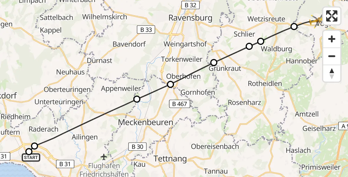 Flugroute Rettungshubschrauber Friedrichshafen Hospital - Vogt, 12 Juni 2026, 18:26
