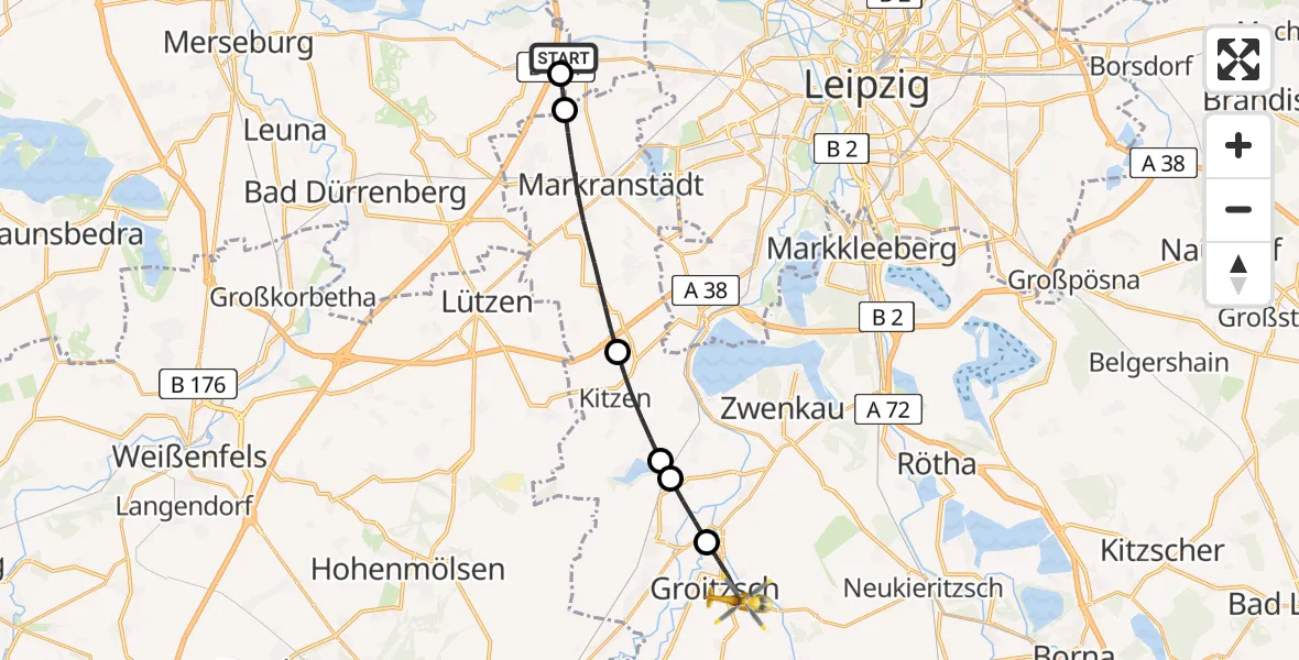 Flugroute Rettungshubschrauber ADAC Air Rescue Station Leipzig/Schkeuditz-Dölzig Hubschrauberlandeplatz (Christoph 61) - Groitzsch, 12 Juni 2026, 18:31