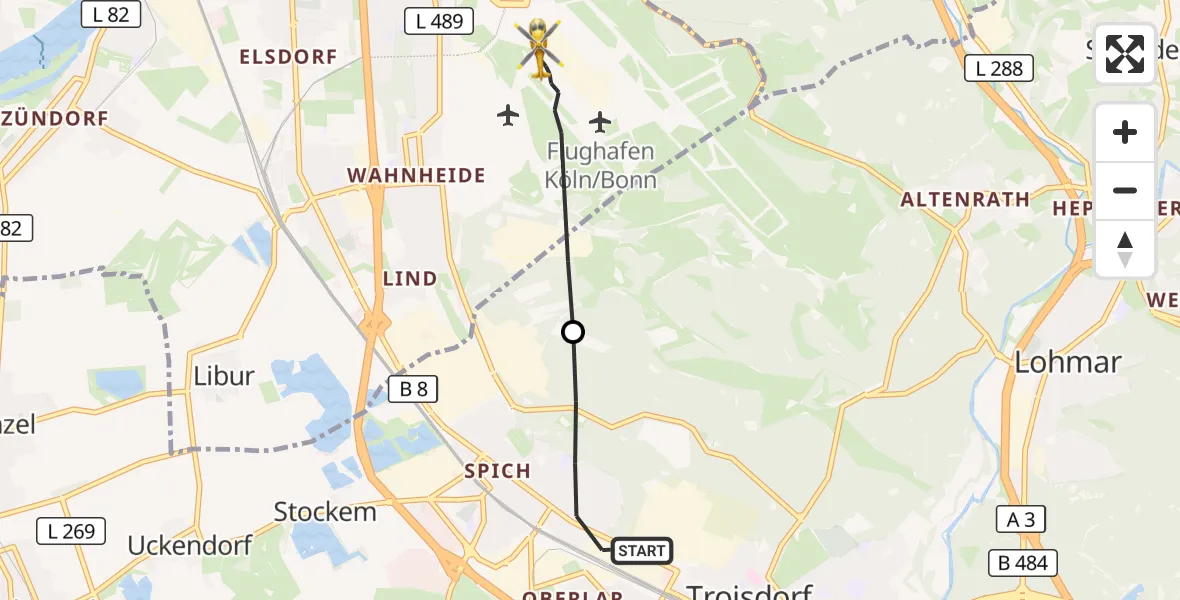 Flugroute Rettungshubschrauber Troisdorf - Köln Bonn Flughafen, 12 Juni 2026, 18:43