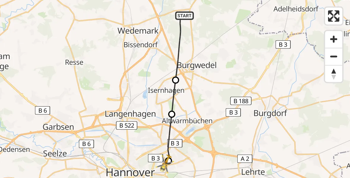 Flugroute Rettungshubschrauber Burgwedel - Hannover Luftrettung Hubschrauberlandeplatz (Christoph 4), 12 Juni 2026, 18:49