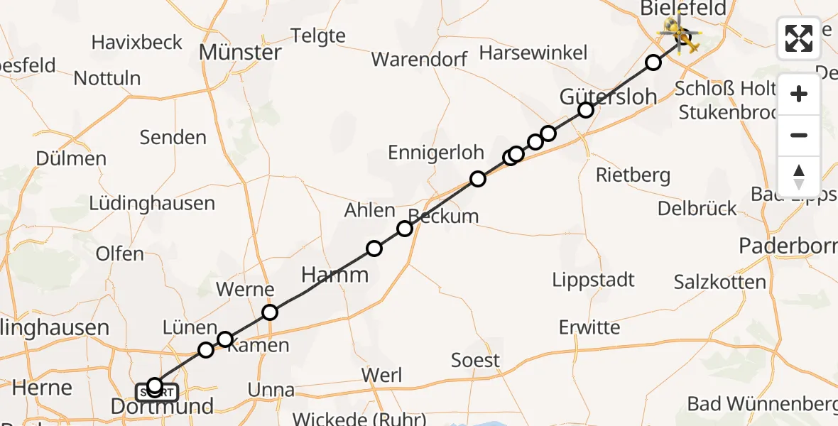 Flugroute Rettungshubschrauber Dortmund Hospital North - Luftrettungszentrum Bielefeld, 12 Juni 2026, 18:51