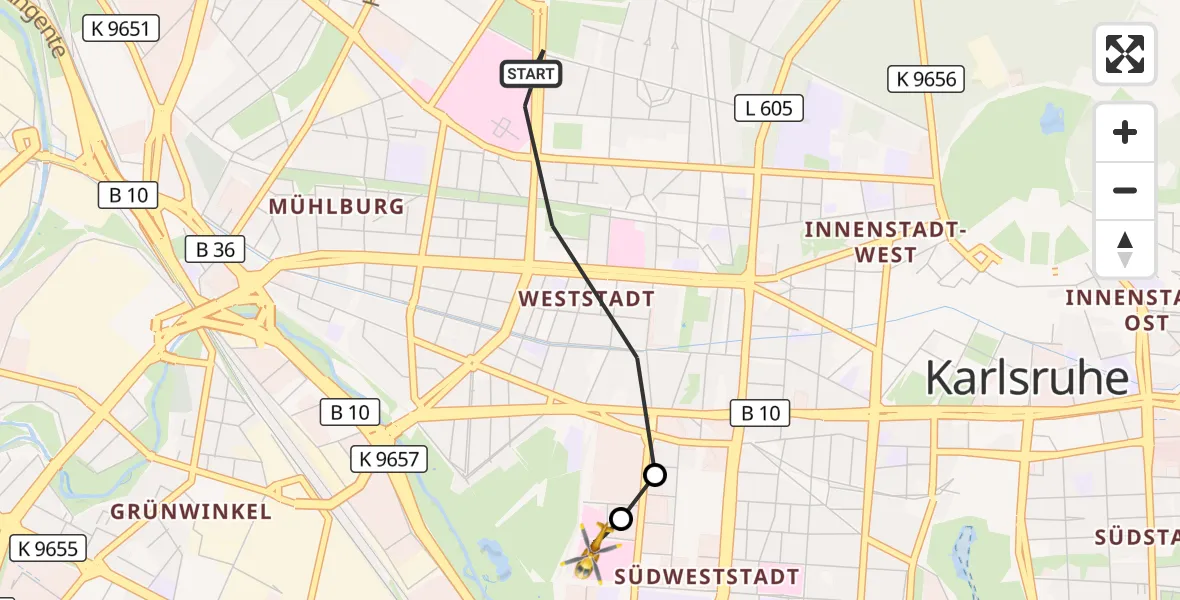 Flugroute Ambulanzhubschrauber Karlsruhe - Sankt Vincentius Hospital, 12 Juni 2026, 18:54