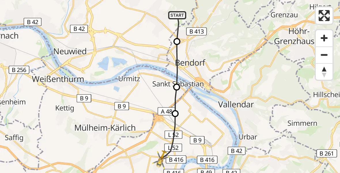 Flugroute Rettungshubschrauber Neuwied - Koblenz, 12 Juni 2026, 18:59