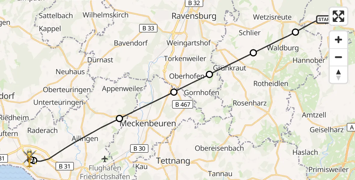 Flugroute Rettungshubschrauber Vogt - Friedrichshafen Hospital, 12 Juni 2026, 19:06