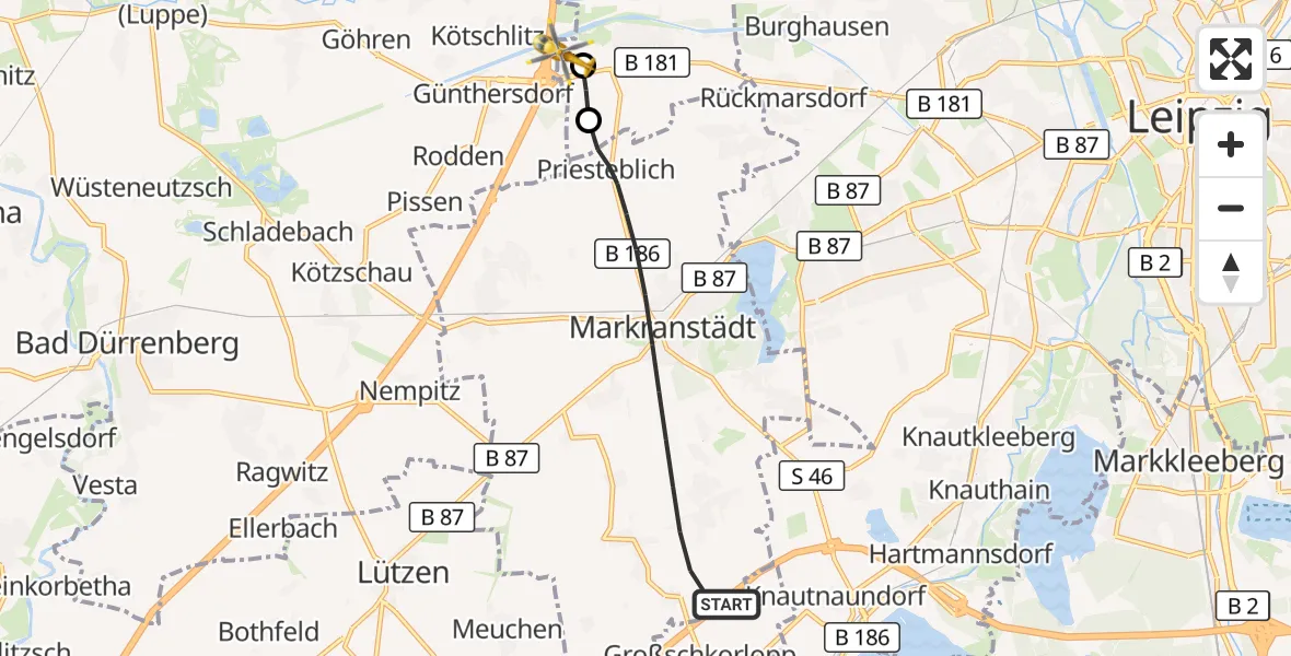 Flugroute Rettungshubschrauber Markranstädt - ADAC Air Rescue Station Leipzig/Schkeuditz-Dölzig Hubschrauberlandeplatz (Christoph 61), 12 Juni 2026, 19:19