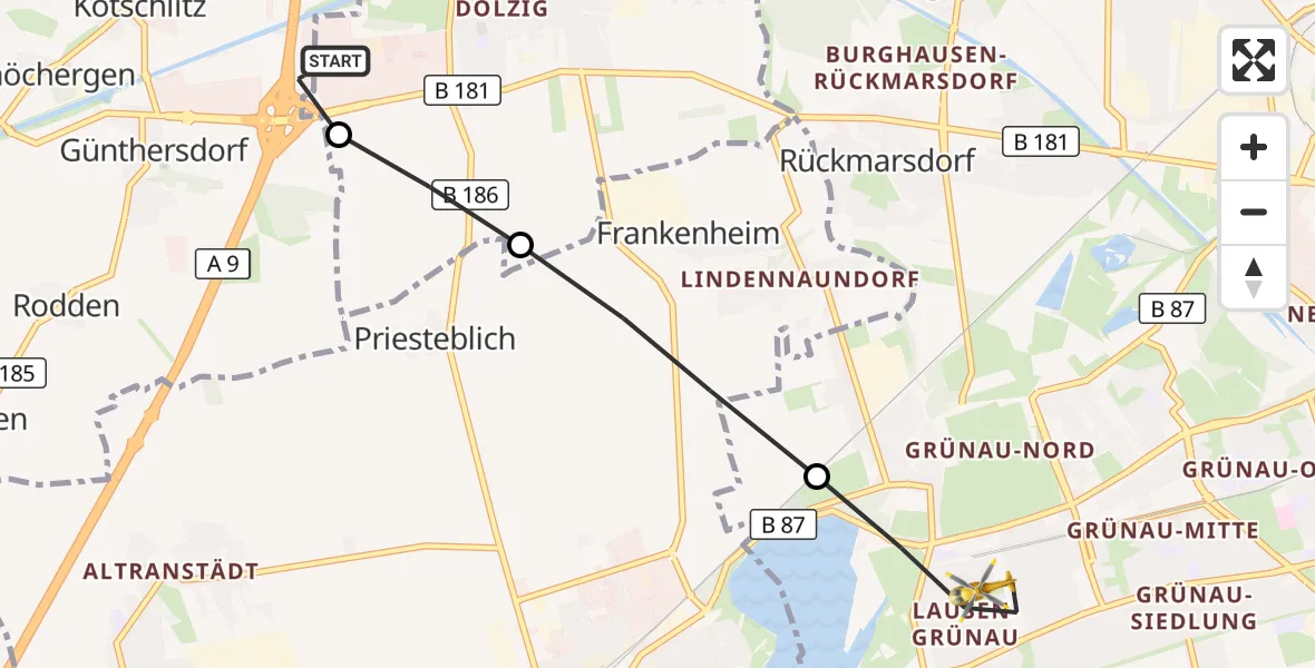 Flugroute Rettungshubschrauber ADAC Air Rescue Station Leipzig/Schkeuditz-Dölzig Hubschrauberlandeplatz (Christoph 61) - Leipzig, 12 Juni 2026, 19:21