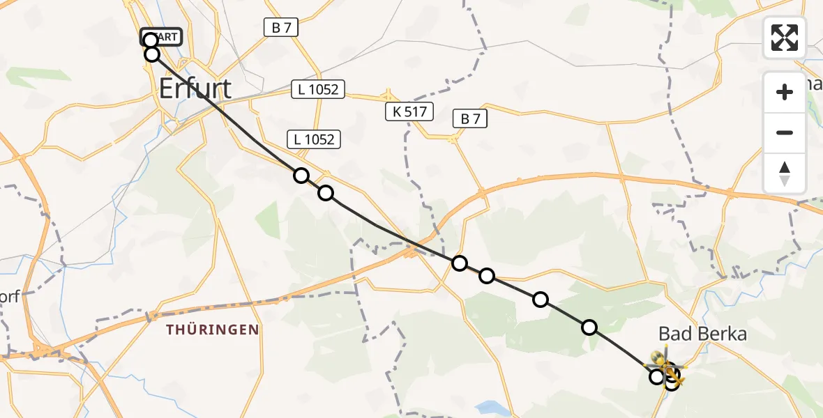 Flugroute Ambulanzhubschrauber Helios Clinic Erfurt - Bad Berka Central Hospital, 12 Juni 2026, 19:23