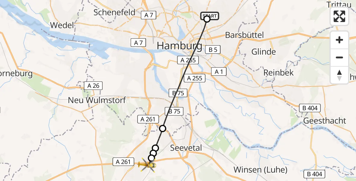 Flugroute Rettungshubschrauber Hamburg Military Hospital - Rosengarten, 12 Juni 2026, 19:24