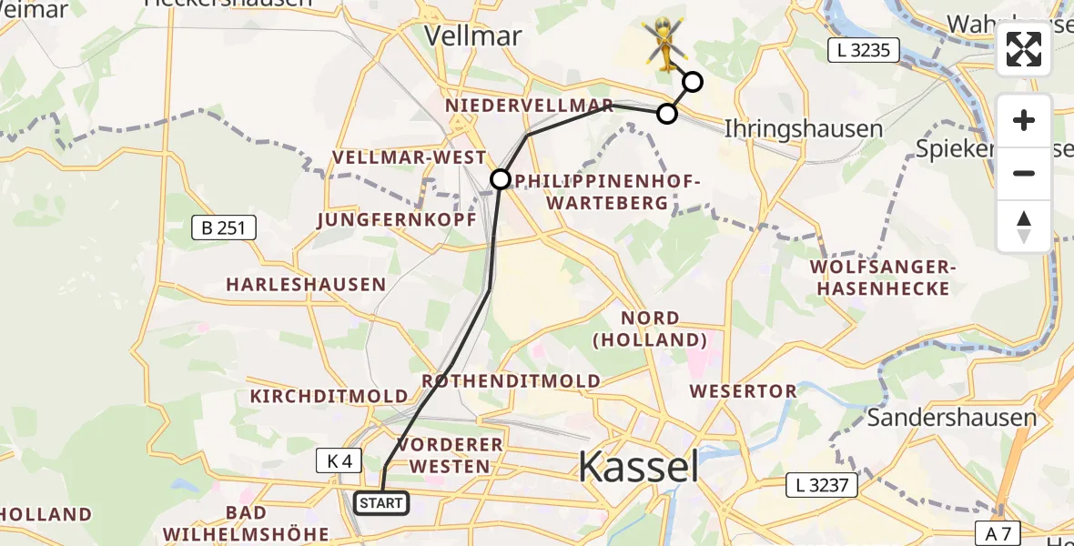 Flugroute Rettungshubschrauber Kassel - Fuldatal Bundespolizei Hubschrauberlandeplatz, 12 Juni 2026, 19:25