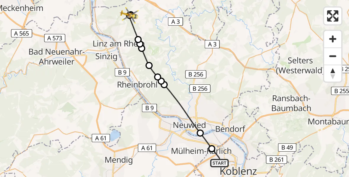 Flugroute Rettungshubschrauber Koblenz - Linz am Rhein, 12 Juni 2026, 19:30