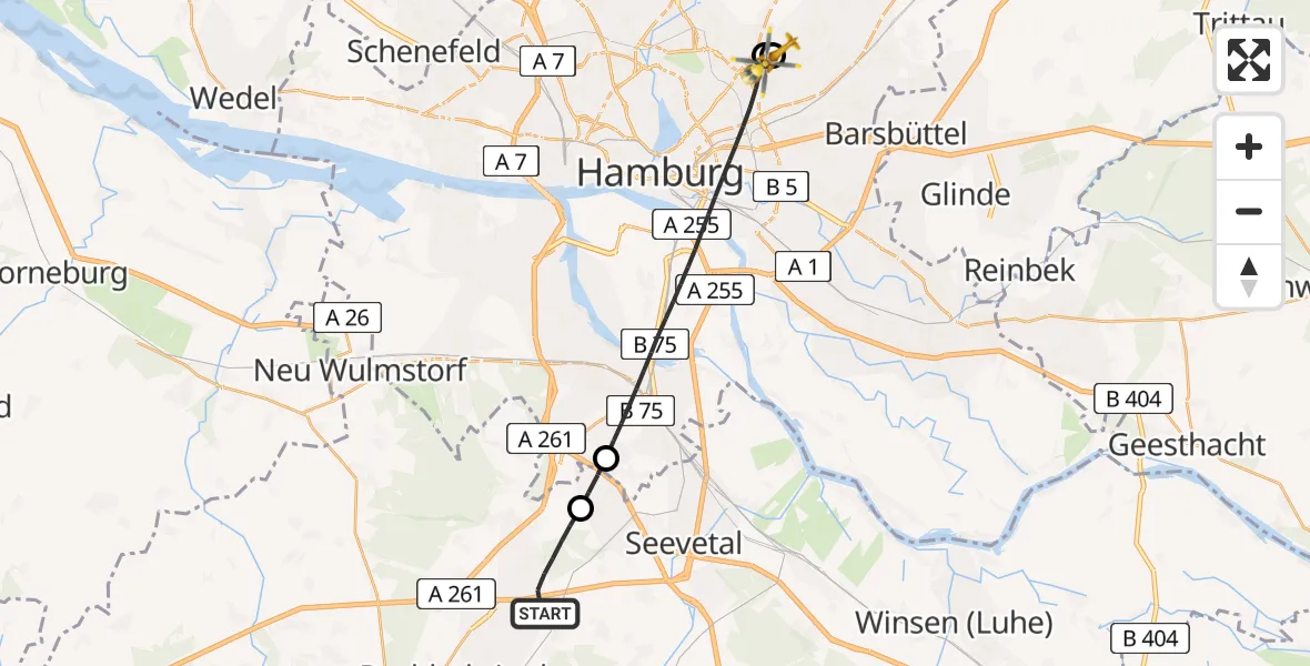 Flugroute Rettungshubschrauber Rosengarten - Hamburg Military Hospital, 12 Juni 2026, 19:43