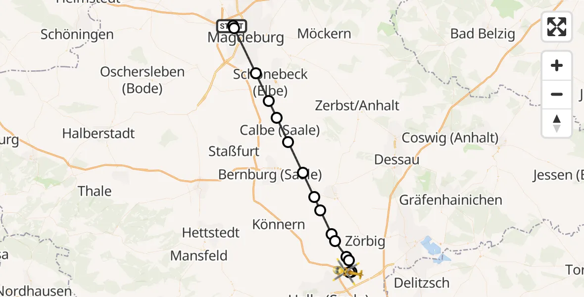 Flugroute Rettungshubschrauber Magdeburg Hospital - Halle-Oppin Flugplatz, 12 Juni 2026, 19:44