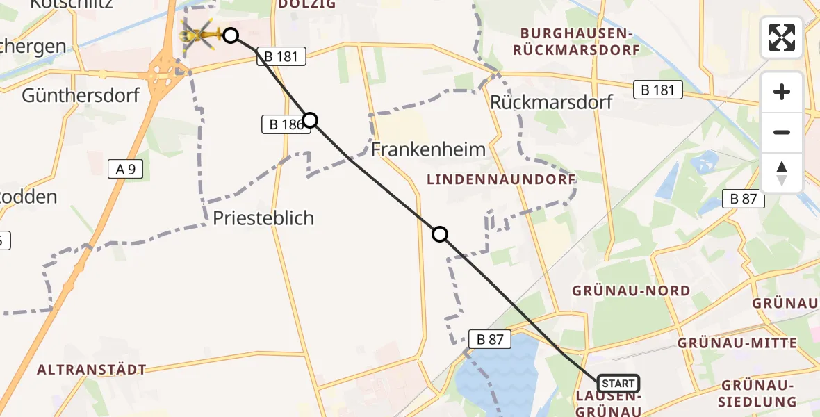 Flugroute Rettungshubschrauber Leipzig - ADAC Air Rescue Station Leipzig/Schkeuditz-Dölzig Hubschrauberlandeplatz (Christoph 61), 12 Juni 2026, 19:44