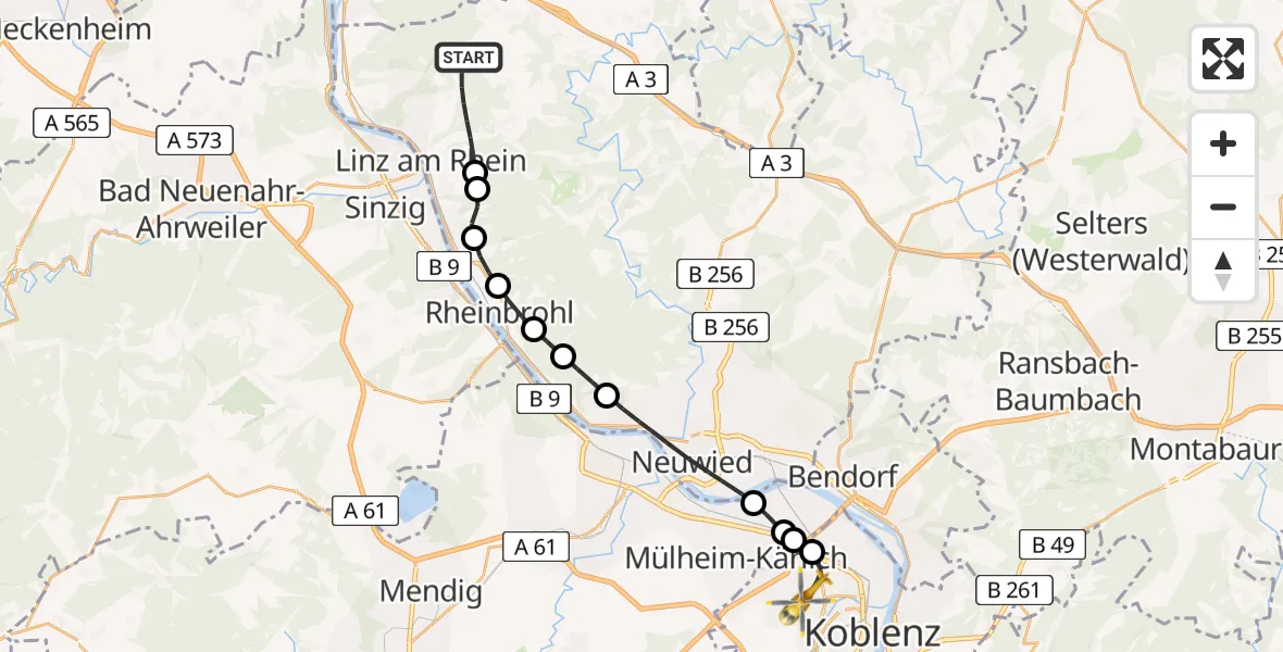 Flugroute Rettungshubschrauber Linz am Rhein - Koblenz, 12 Juni 2026, 20:05