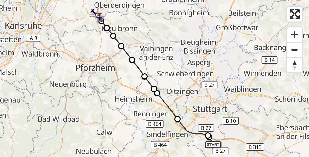 Flugroute Polizeihubschrauber Flughafen Stuttgart - Bretten, 12 Juni 2026, 20:11